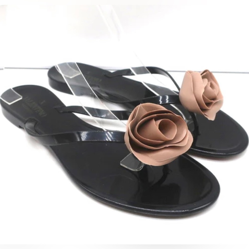 Sz 38(7.5)⭐️New Valentino Versatile Black Jelly Rose Couture Thong Sandals.
